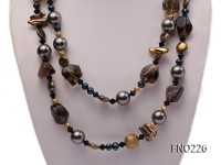 11*14mm coin freshwater pearl with carved smoky quartz opera necklace