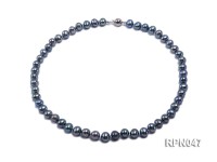 Fashionable Single-strand 8.5-9mm Black Round Freshwater Pearl Necklace-Sterling Silver Clasp