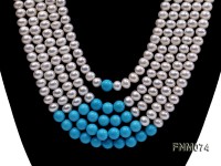 5 strand white freshwater pearl and bule round turquoise necklace