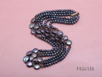 Three-strand Black Round and Button Freshwater Pearl Necklace