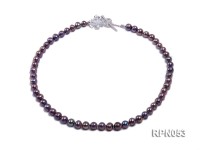 7.5-8.5mm Black Round Freshwater Pearl Necklace with Sterling Silver Leaf-shape Clasp
