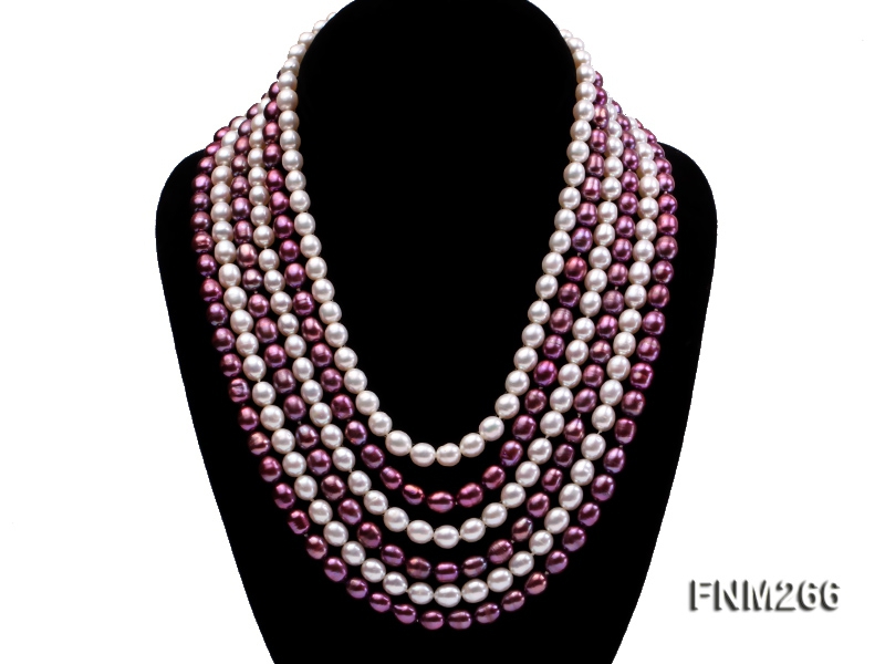 Six-Strand White and Purple Oval Freshwater Pearl Necklace