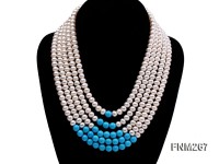 5 strand white freshwater pearl and bule turquoise neclace with sterling sliver clasp