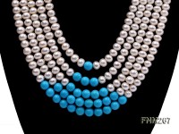5 strand white freshwater pearl and bule turquoise neclace with sterling sliver clasp