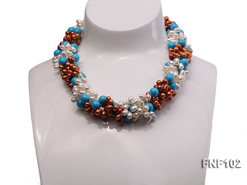 Four-strand 5-6mm White and Coffee Freshwater Pearl and Turquoise Beads Necklace