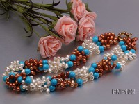 Four-strand 5-6mm White and Coffee Freshwater Pearl and Turquoise Beads Necklace