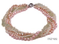 Five-strand Freshwater Pearl, Green Crystal Chips and White Coral Sticks Necklace