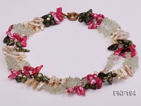 Three-strand Pink and Dark-green Freshwater Pearl, Pink Biwa Pearl and Crystal Chips Necklace