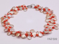 Two-strand 12-13mm Pink Freshwater Pearl Necklace with Orange Coral Beads