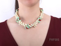 Four-strand 7-8mm White Freshwater Pearl Necklace with Turquoise Chips, Coral Beads and Golden Beads