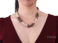 Two-strand 4-5mm White Freshwater Pearl Necklace with Coffee Crystal Chips and Golden Beads