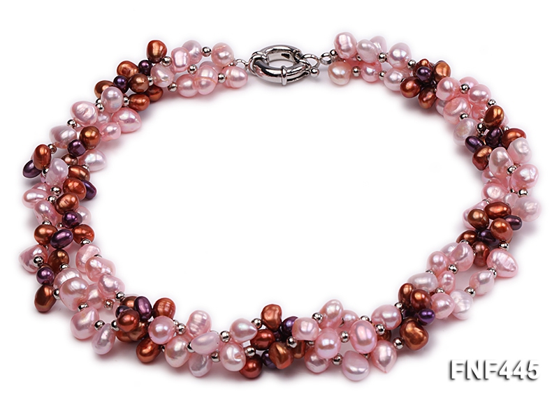 Three-strand Pink, Coffee and Purple Freshwater Pearl Necklace