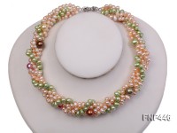 Four-strand 5-6mm Pink and Green Freshwater Pearl and 8-10mm Multi-color Shell Pearl Necklace