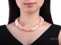Five-strand 5-6mm White Freshwater Pearl and Pink Coral Chips Necklace