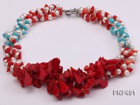 Three-strand 6-7mm White Freshwater Pearl Necklace with Turquoise Chips and Red Coral