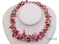 Three-strand White Freshwater Pearl, Pink Baroque Pearl, Red Coral Sticks and Garnet Beads Necklace
