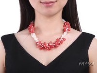 Three-strand 5-6mm White Freshwater Pearl, Red Crystal Beads and Red Coral flower Necklace