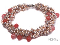 Five-strand 6-7mm Pink and Gray Freshwater Pearl Necklace with Pink Faceted Crystal Beads