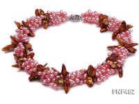Four-strand 6-7mm Pink Freshwater Pearl and Coffee Baroque Pearl Necklace