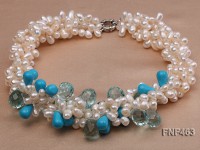 Four-strand 5x7mm White Freshwater Pearl, Blue Crystal Beads and Turquoise Beads Necklace
