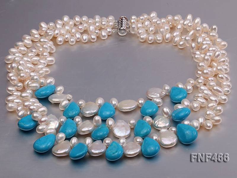 Three-strand 6-7mm White Freshwater Pearl, Button Pearl and Turquoise Beads Necklace