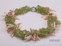 Four-strand 6x20mm Stick Freshwater Pearl and Olivine Chips Necklace