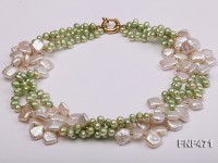 Three-strand 6-7mm Green Freshwater Pearl and White Button Pearl Necklace