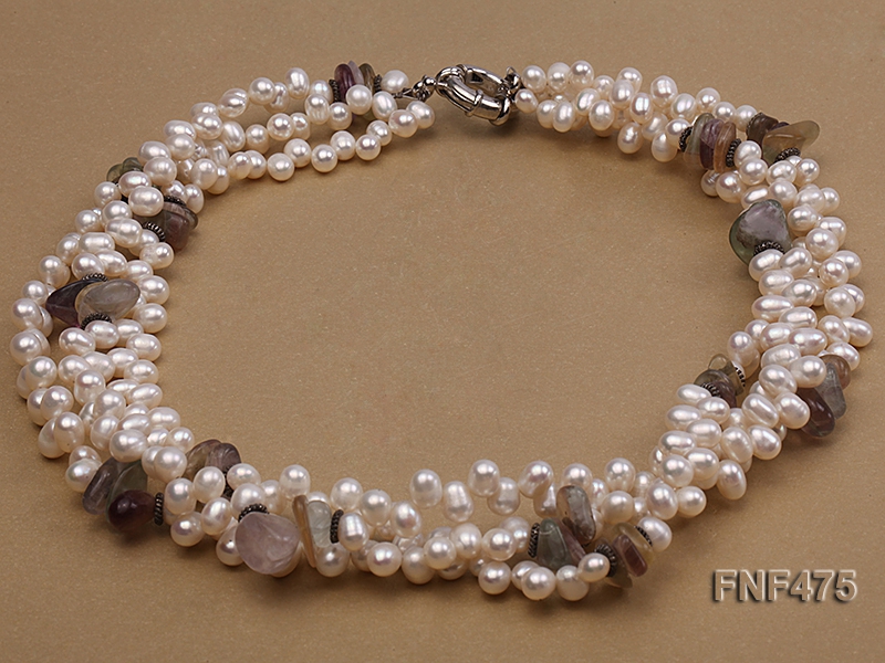 Three-strand 6-7mm White Side-drilled Freshwater Pearl and Fluorite Chips Necklace