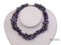Three-strand 7x9mm Dark-purple Freshwater Pearl and Purple Crystal Chips Necklace