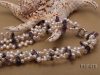 Three-strand 6-7mm White Cultured Freshwater Pearl and Purple Crystal Chips Necklace