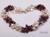 Three-strand White and Coffee Freshwater Pearl and Purple Quartz Chips Necklace