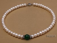 8-9mm natural white flat freswhater pearl with natural jade necklace