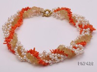 Four-strand 4-5mm White Freshwater Pearls, Orange Coral Sticks and Yellow Crystal Chips Necklace