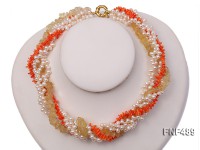 Four-strand 4-5mm White Freshwater Pearls, Orange Coral Sticks and Yellow Crystal Chips Necklace