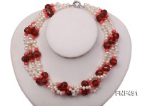 Three-strand White Freshwater Pearl Necklace Dotted with Red Agate Beads and Pink Coral Beads