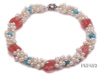 Three-strand 6-7mm White Freshwater Pearl Necklace Dotted with Pink Crystals and Turquoise Beads