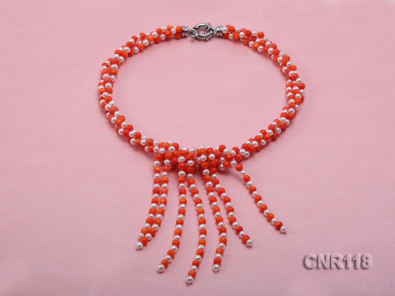 6mm Round Pink Coral and 6-7mm Round White Pearl Necklace