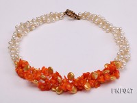 Three-strand 6-7mm White Freshwater Pearl, Golden Button Pearl, and Orange Coral Flowers Necklace