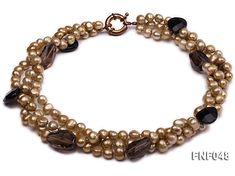 Three-strand 7-8mm Coffee Freshwater Pearl and Tea-colored Faceted Crystal Beads Necklace