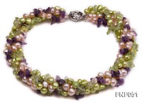 Four-strand 7-8mm Green and Pink Freshwater Pearl Necklace with Olivine Chips and Crystal Chips