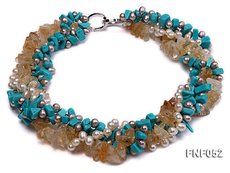 Four-strand White and Grey Freshwater Pearl, Yellow Crystal Chips and Blue Turquoise Chips Necklace