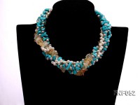 Four-strand White and Grey Freshwater Pearl, Yellow Crystal Chips and Blue Turquoise Chips Necklace