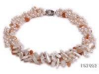 Three-strand 6-7mm White Freshwater Pearl, White Biwa Pearl Sticks and Red Agate Chips Necklace