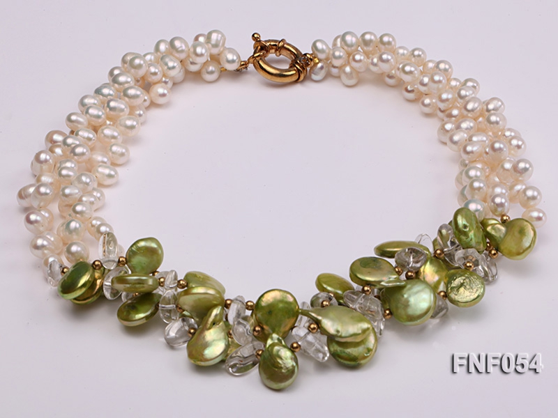 Three-strand White Freshwater Pearl, Green Button Pearl and Crystal Beads Necklace