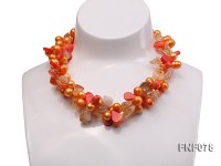 Two-strand 8x9mm Orange Freshwater Pearl, Yellow Crystal Chips and Pink Coral Beads Necklace