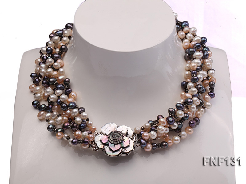 Six-strand 5-6mm White, Pink and Dark-purple Freshwater Pearl Necklace
