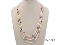 6-7mm white round freshwater pearls alternated with blue pearl and faceted crystal necklace