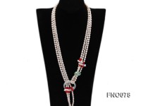 5.5-6.5mm white elliptical pearls alternated with red coral white biwa pearls and green coin pearl