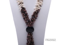 7x9mm white and brown oval freshwater pearl and black agate three-strand necklace