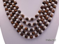 5 Strand White Freshwater Pearl and Tiger-eye Stone Necklace with Sterling Sliver Clasp